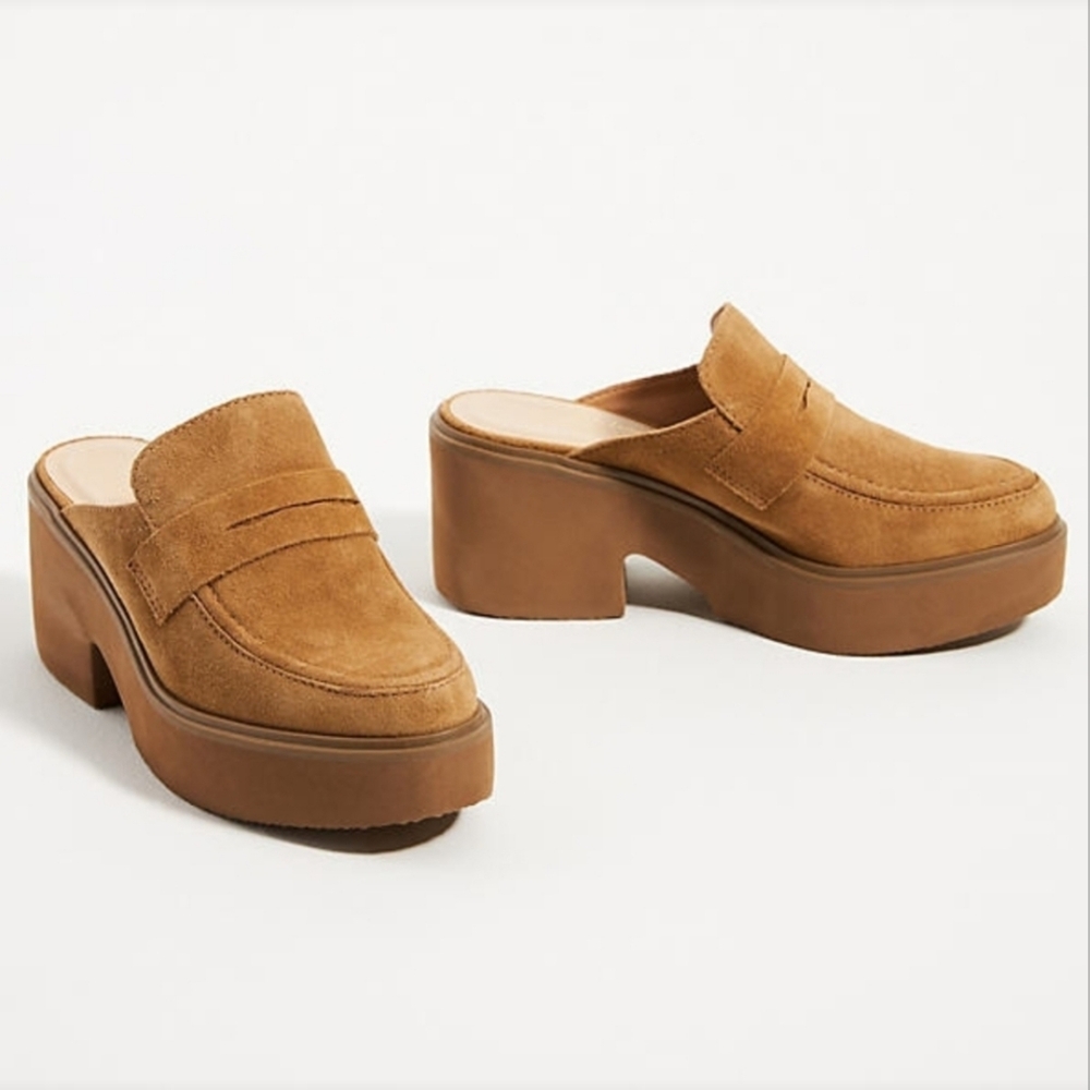 MATISSE Anthropologie Brown Tan Suede Leather 3" Platform Mules Clogs Sz 8 Boho